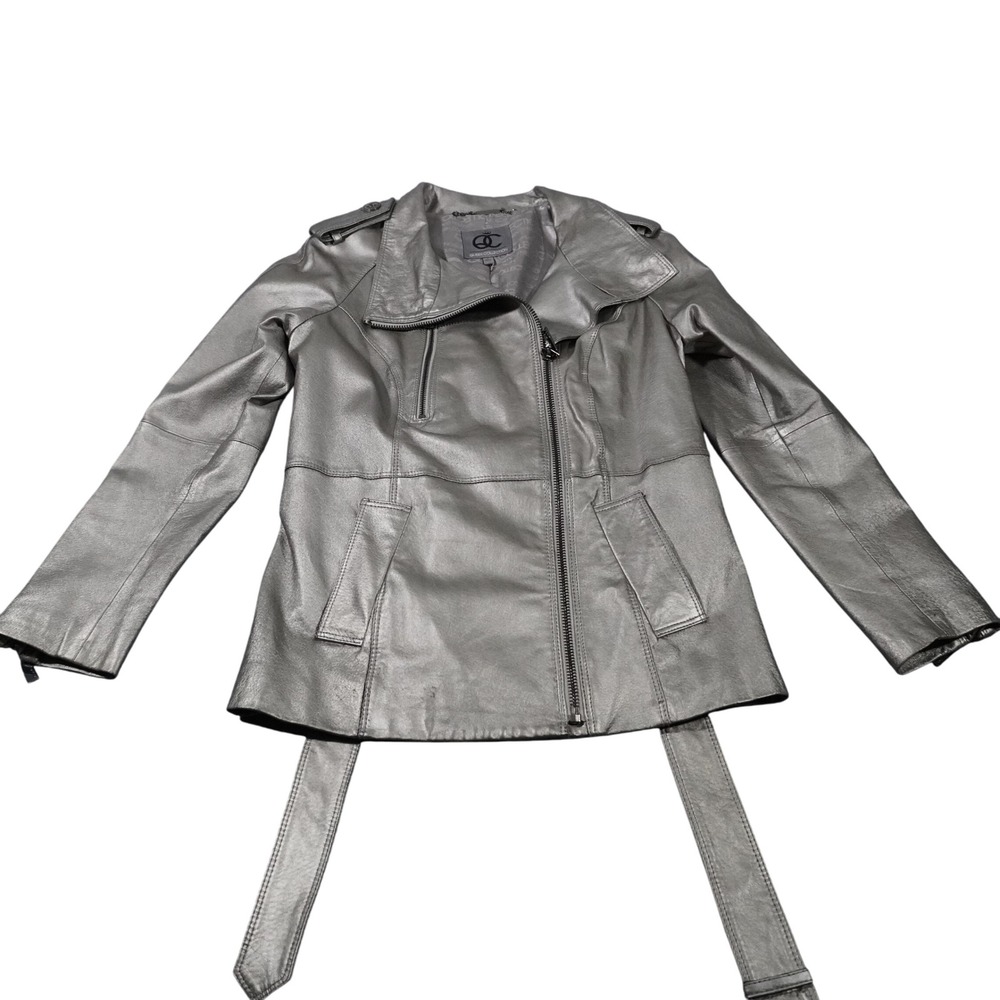 Queen Collection Womens Leather Jacket Belted Motorcycle Biker Silver Small